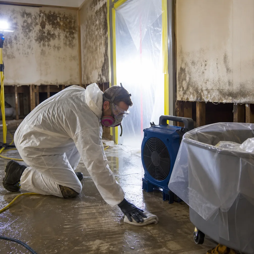 Professional in hazmat suit cleaning a water damaged and moldy room in Houston, TX