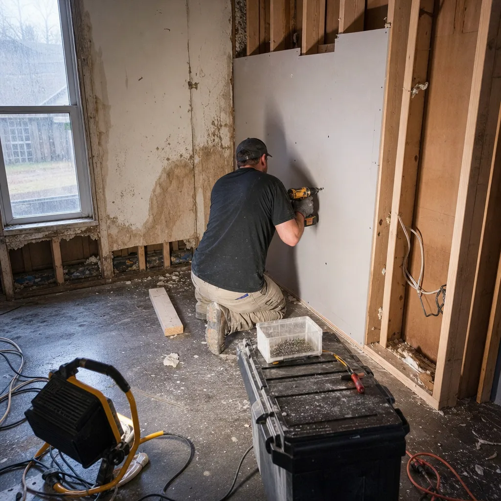 professional contractor installing drywall during home damage restoration reconstruction in Houston, TX