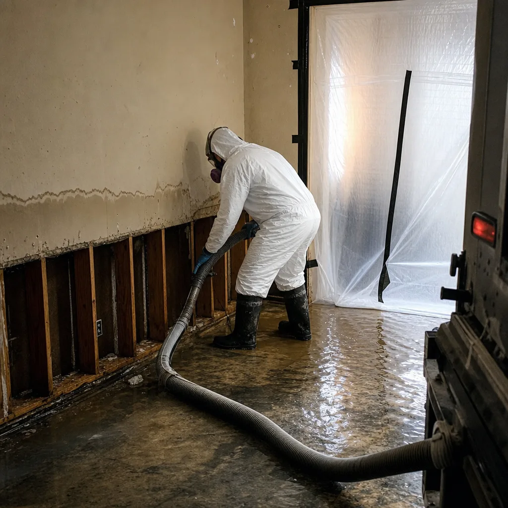 Technician in protective suit performing professional sewage cleanup and water extraction. in Houston, TX