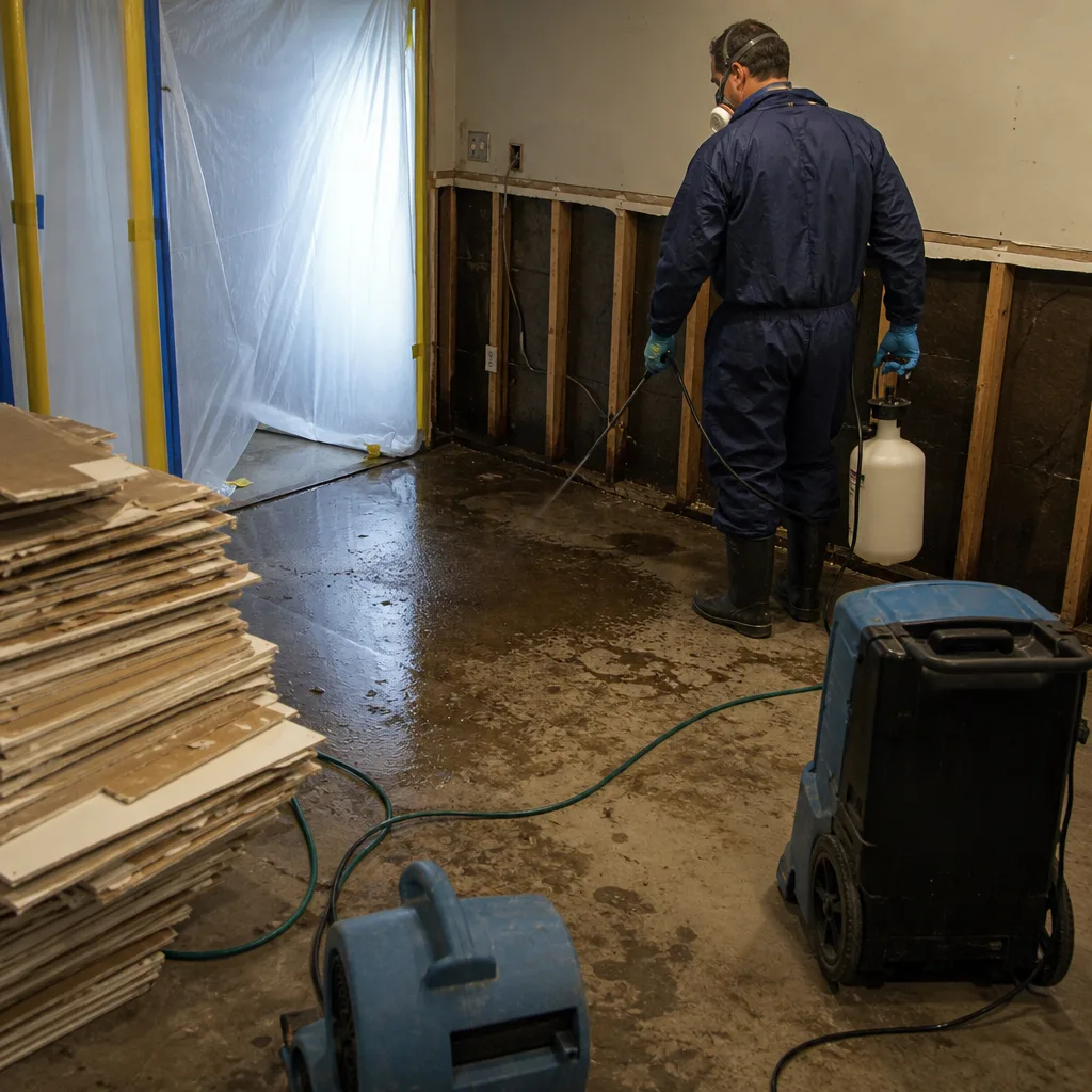 Technician in protective gear performing professional sewage cleanup in damaged building in Houston, TX