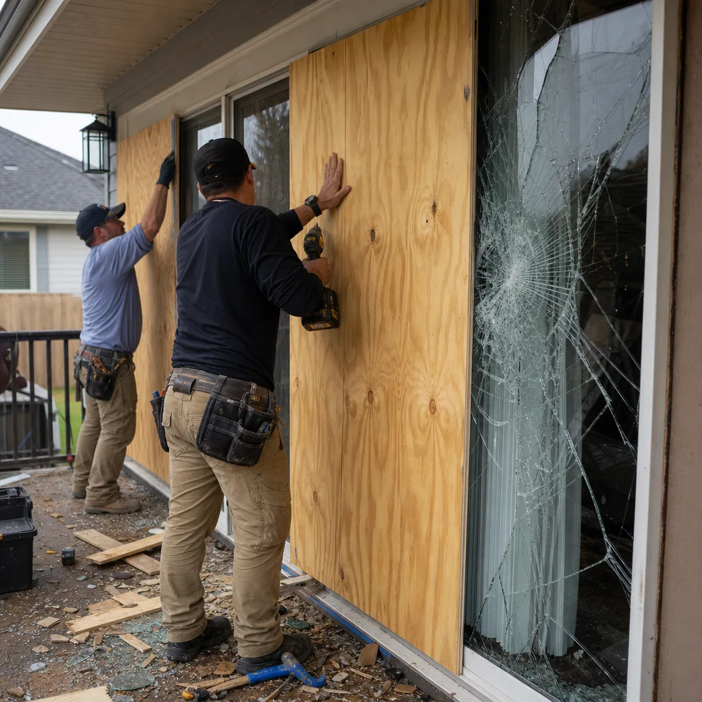 Two professionals boarding up a shattered glass door after storm damage in Houston, TX